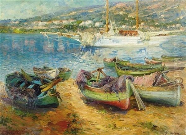 Fischerboote An Einem Strand Der Cote D'azur Oil Painting by Georges Deloy