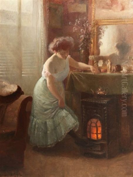 Femme Dans Son Interieur Pres D'un Calorifere Oil Painting by Hermann Delpech