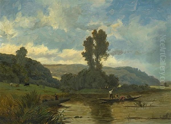 Flusslandschaft Mit Fischern Oil Painting by Hippolyte Camille Delpy