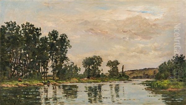 A French River Landscape Oil Painting by Hippolyte Camille Delpy