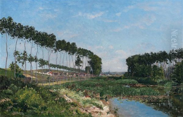 A Tree-lined River Landscape, A Village Beyond Oil Painting by Hippolyte Camille Delpy