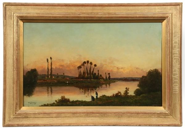 Washerwomen Working At River's Edge, Dusk Oil Painting by Hippolyte Camille Delpy