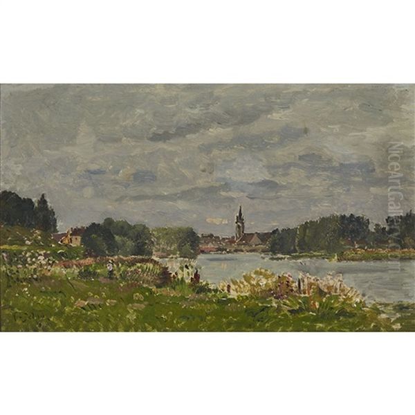 Summer River With Village Oil Painting by Hippolyte Camille Delpy