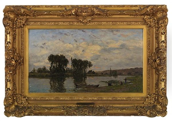 Paysage A La Riviere Et Aux Lavandieres Oil Painting by Hippolyte Camille Delpy