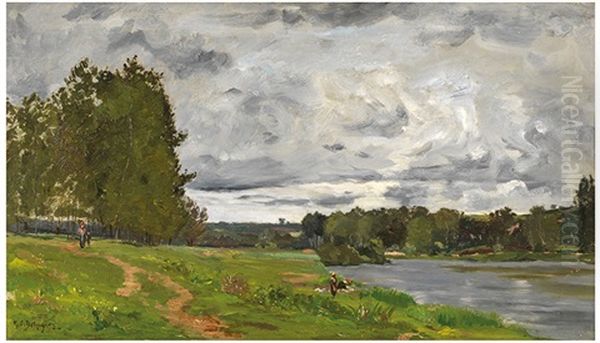 Paysage A La Riviere Et Lavandieres Oil Painting by Hippolyte Camille Delpy