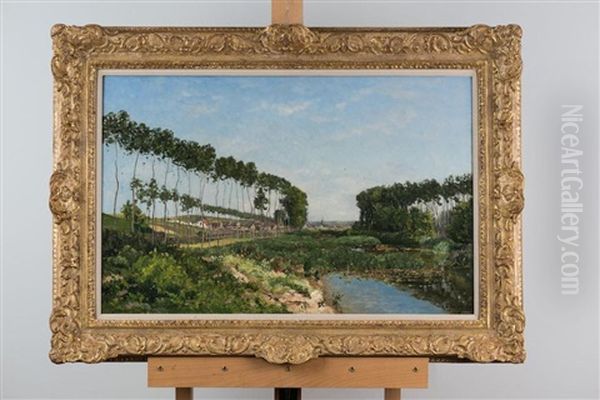 A Tree-lined River Landscape, A Village Beyond Oil Painting by Hippolyte Camille Delpy