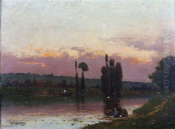 Soleil Couchant Sur La Seine Oil Painting by Hippolyte Camille Delpy