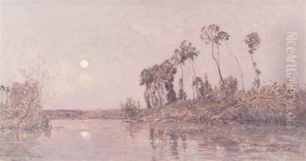 A Wooded River Landscape At Dusk Oil Painting by Hippolyte Camille Delpy