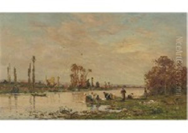 River Scene With Washerwomen Oil Painting by Hippolyte Camille Delpy