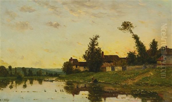 Washerwoman On The Banks Of The River Oil Painting by Hippolyte Camille Delpy