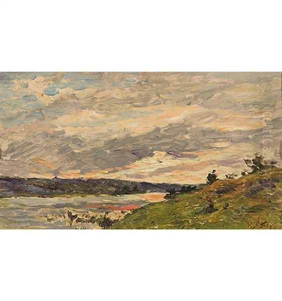 Flusslandschaft Bei Heraufziehendem Gewitter Oil Painting by Hippolyte Camille Delpy