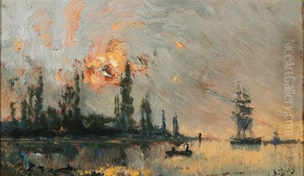 Harbor Scene At Dusk Oil Painting by Hippolyte Camille Delpy