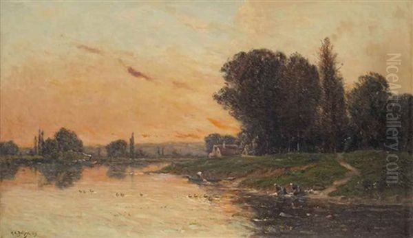 Morning Activities Along The River Oise Oil Painting by Hippolyte Camille Delpy