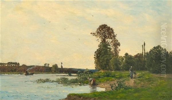 A Landscape With Washerwomen By A River (au Bord De L'oise) Oil Painting by Hippolyte Camille Delpy