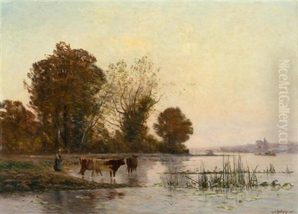 A Peasant Woman With Cattle In A Riverbed At Sunset Oil Painting by Hippolyte Camille Delpy