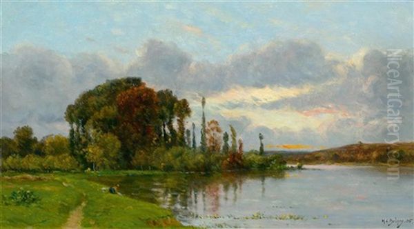 A River Landscape With Washerwoman Oil Painting by Hippolyte Camille Delpy