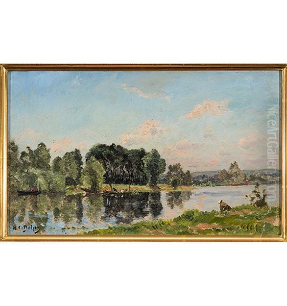 Sonnenbeschienene Flusslandschaft Mit Figurenstaffage Oil Painting by Hippolyte Camille Delpy