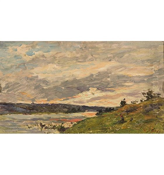 Flusslandschaft Bei Heraufziehendem Gewitter Oil Painting by Hippolyte Camille Delpy