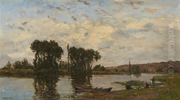 Soleil Couchant A Pont D'arche Oil Painting by Hippolyte Camille Delpy