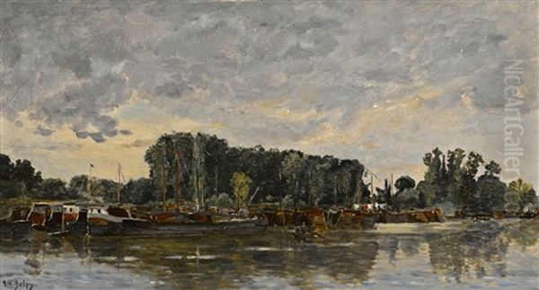 Barges On A River Oil Painting by Hippolyte Camille Delpy