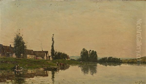 Lavandiere Au Bord De La Seine A Portejoie Oil Painting by Hippolyte Camille Delpy