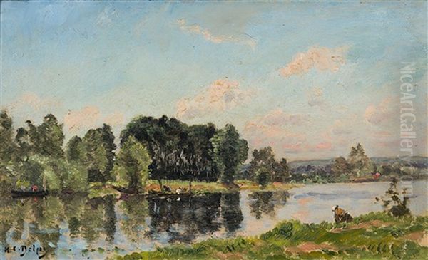 Sonnenbeschienene Flusslandschaft Mit Figurenstaffage Oil Painting by Hippolyte Camille Delpy