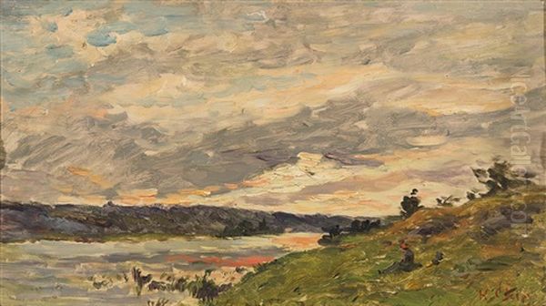 Flusslandschaft Bei Heraufziehendem Gewitter Oil Painting by Hippolyte Camille Delpy