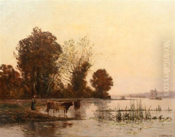 Vachere Et Son Troupeau A L'etang Oil Painting by Hippolyte Camille Delpy