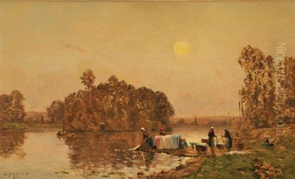 Lavandieres En Bord De Riviere, Soleil Couchant Oil Painting by Hippolyte Camille Delpy