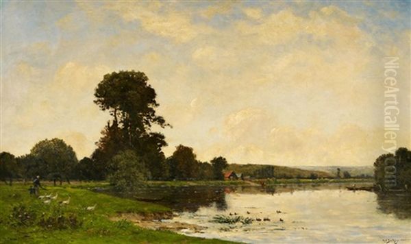 Les Oies Au Bord De La Riviere Oil Painting by Hippolyte Camille Delpy