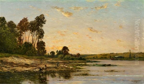 Kleine Flusslandschaft Im Abendrot Oil Painting by Hippolyte Camille Delpy