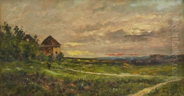 Franskt Landskap Vid Skymning Oil Painting by Hippolyte Camille Delpy