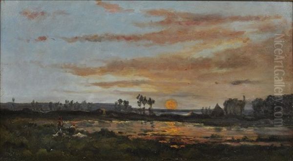 Sonnenuntergang An Der Loire, Im Vordergrund Zwei Wascherinnen Oil Painting by Hippolyte Camille Delpy