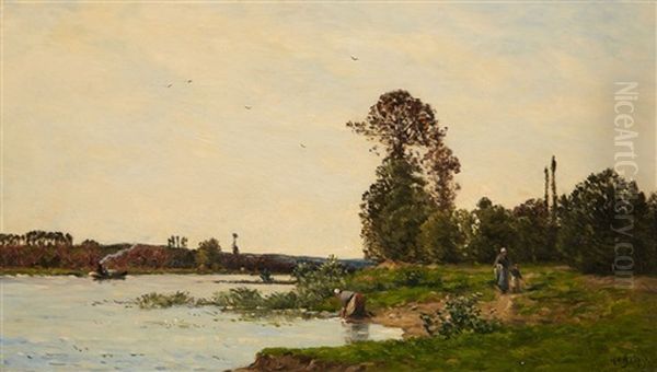 Riverbank With Washerwomen Oil Painting by Hippolyte Camille Delpy