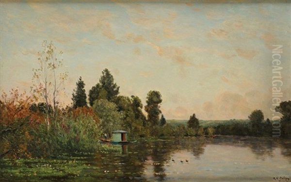 Paysage Anime A La Barque Oil Painting by Hippolyte Camille Delpy