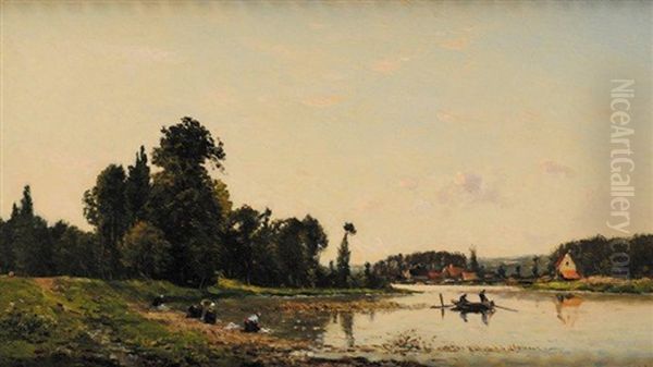 Les Lavandieres A Pont Sur Yonne Oil Painting by Hippolyte Camille Delpy