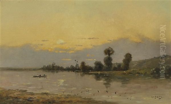 A River View At Sunset With Figures In A Boat Oil Painting by Hippolyte Camille Delpy