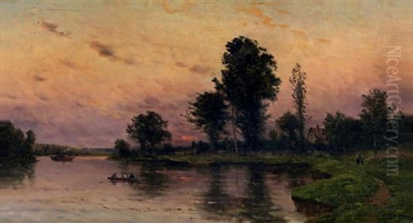 Bord De Riviere Anime Au Crepuscule Oil Painting by Hippolyte Camille Delpy