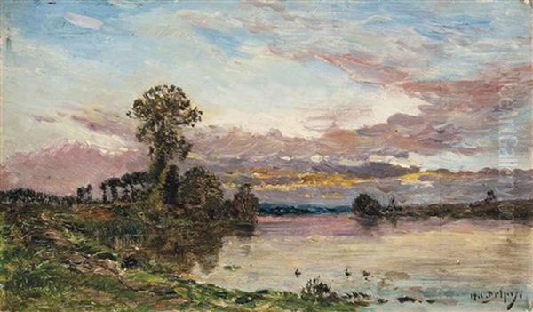 A Washerwoman On The Banks Of A River At Dusk Oil Painting by Hippolyte Camille Delpy