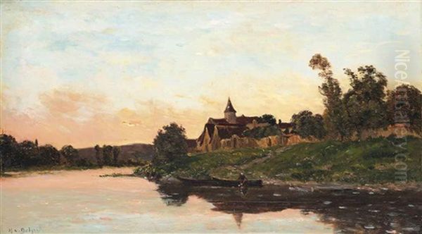 A Fisherman On A River At The End Of The Day Oil Painting by Hippolyte Camille Delpy