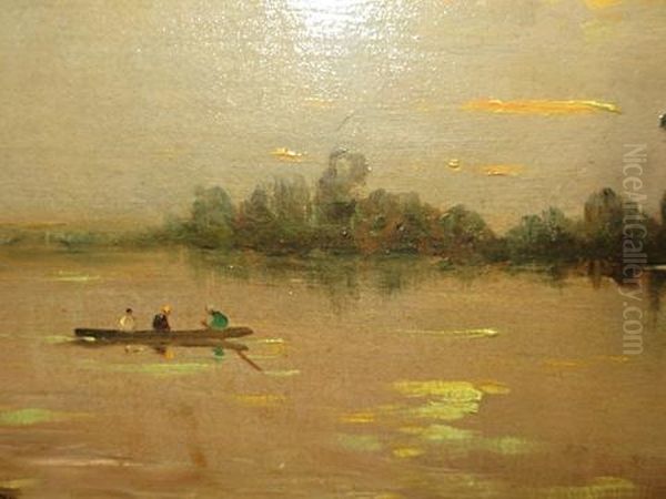 A River View At Sunset With Figures In A Boat by Hippolyte Camille Delpy