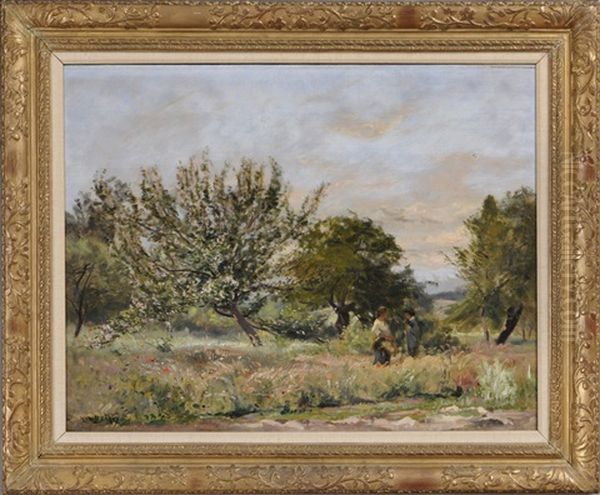 Flower Gatherers In A Landscape Oil Painting by Hippolyte Camille Delpy