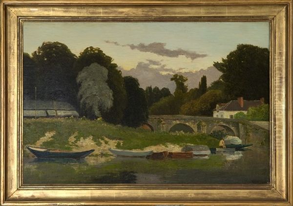 Veux Tout L'sole Lote (french River Landscape With Stone Bridge, Boats And House) Oil Painting by Hippolyte Camille Delpy