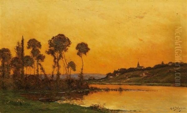 Bord De Riviere Au Coucher Du Soleil Oil Painting by Hippolyte Camille Delpy