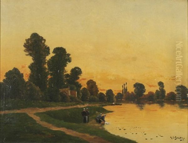 Flusspartie Mit Wascherinnen Im Schein Der Untergehenden Senne Oil Painting by Hippolyte Camille Delpy