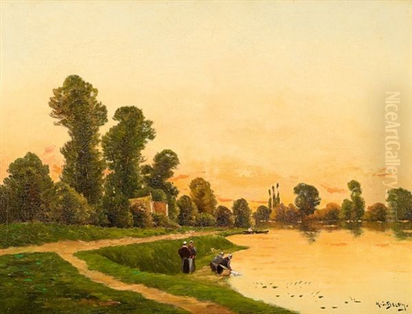 Flusslandschaft In Romantischer Abendstimmung Oil Painting by Hippolyte Camille Delpy