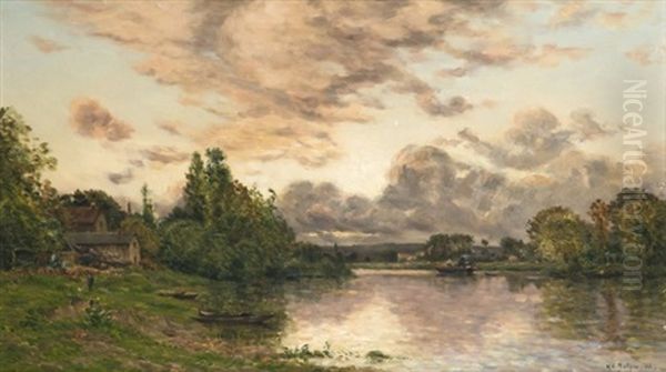 Riviere Animee D'un Bateau A Vapeur Par Soleil Couchant Oil Painting by Hippolyte Camille Delpy