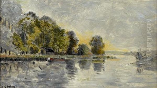 Flusspartie Mit Baumen Und Boot Oil Painting by Hippolyte Camille Delpy