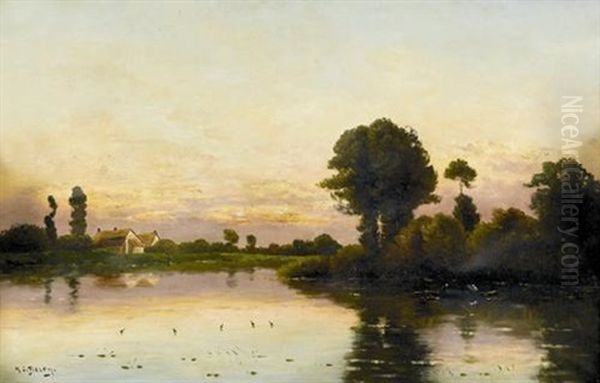 Flusspartie Bei Untergehender Sonne Oil Painting by Hippolyte Camille Delpy