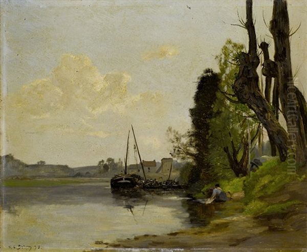 Baumbestandenes Flussufer Mit Vor Anker Liegendem Boot Oil Painting by Hippolyte Camille Delpy